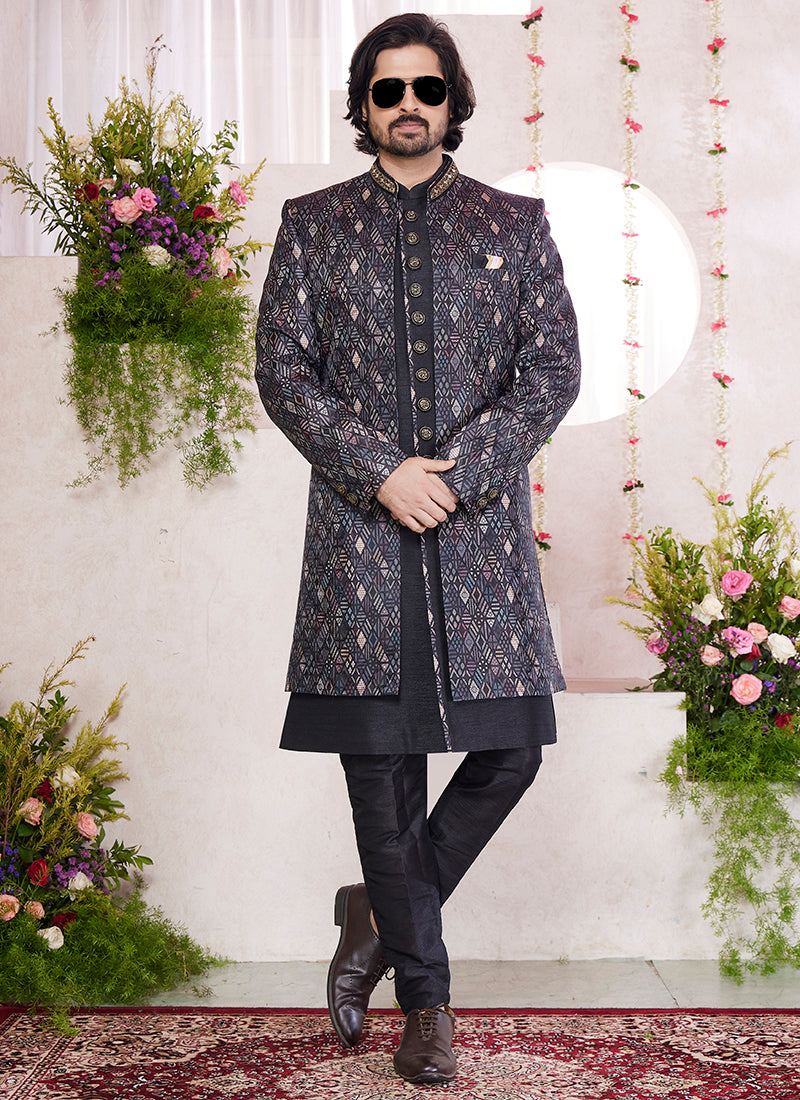 Art Silk Black Party Wear Embrodery Onnack Woek And Button Readymade Sherwani With Jacket
