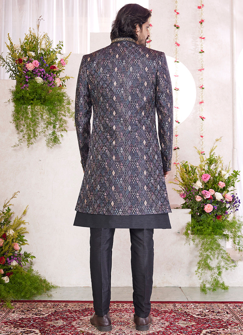 Art Silk Black Party Wear Embrodery Onnack Woek And Button Readymade Sherwani With Jacket