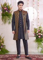 Art Silk Black Party Wear Pattern Pc Readymade Sherwani With Jacket