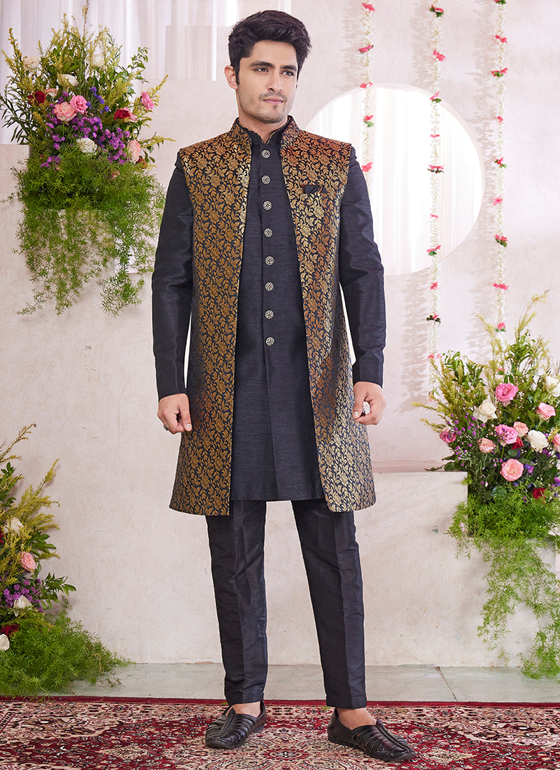 Art Silk Black Party Wear Pattern Pc Readymade Sherwani With Jacket
