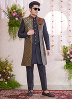 Art Silk Black Party Wear Pattern Pc Readymade Sherwani With Jacket