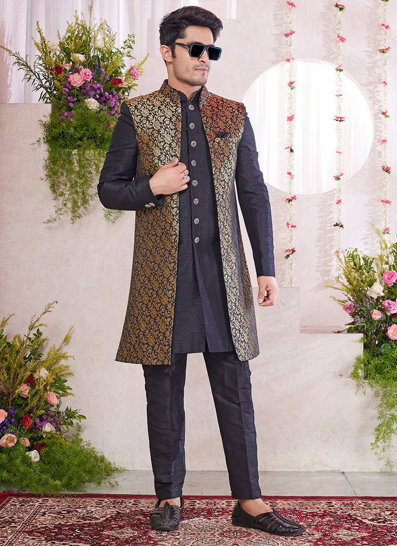 Art Silk Black Party Wear Pattern Pc Readymade Sherwani With Jacket