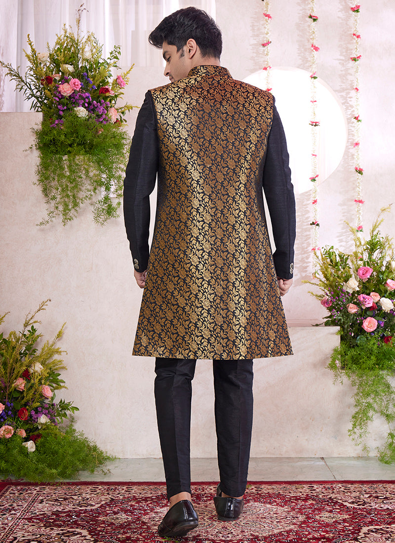 Art Silk Black Party Wear Pattern Pc Readymade Sherwani With Jacket