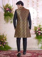 Art Silk Black Party Wear Pattern Pc Readymade Sherwani With Jacket