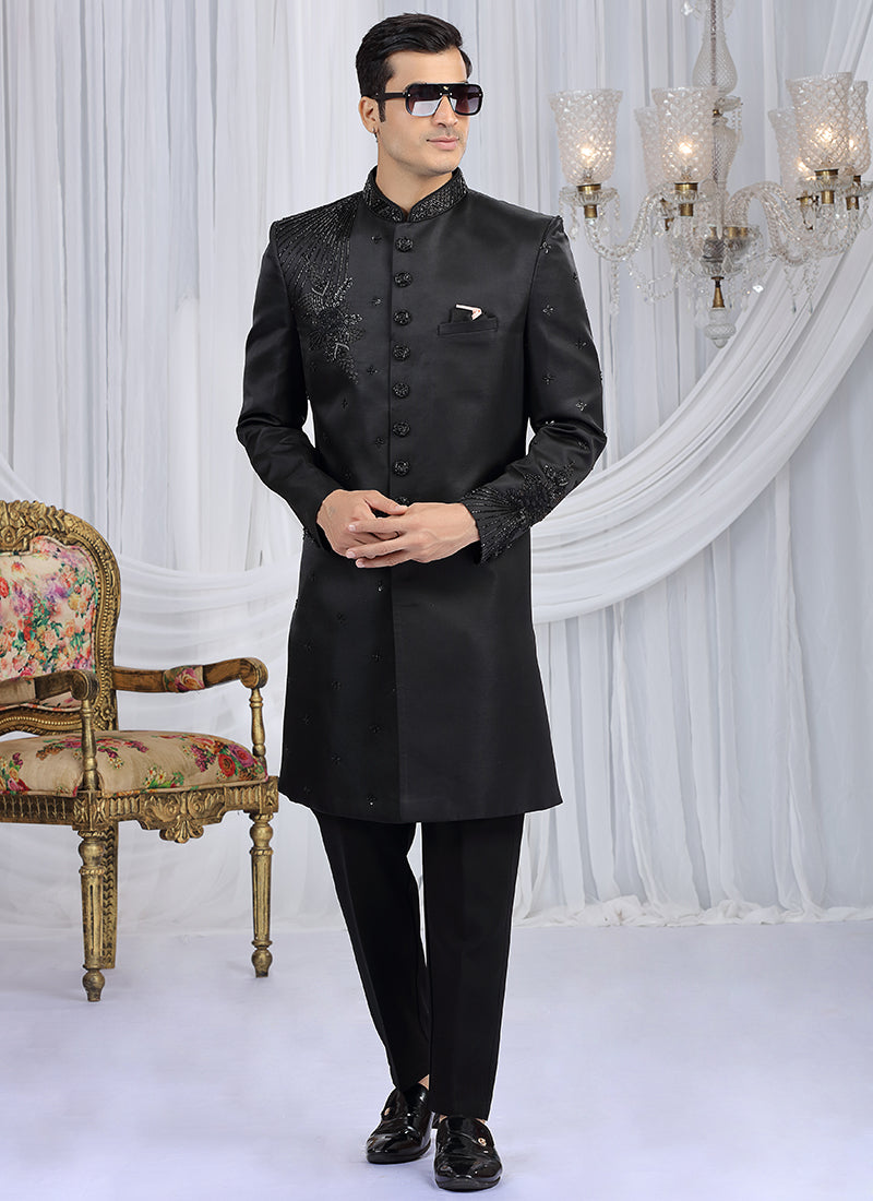 Art Silk Black Wedding Wear Embroidery Work Readymade Sherwani