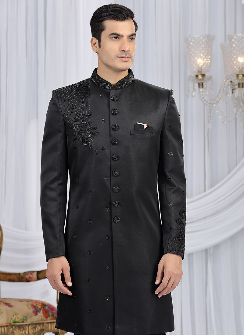 Art Silk Black Wedding Wear Embroidery Work Readymade Sherwani