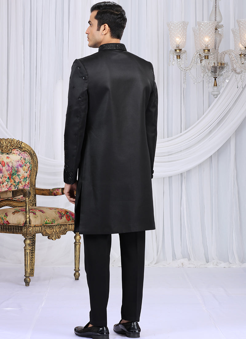 Art Silk Black Wedding Wear Embroidery Work Readymade Sherwani