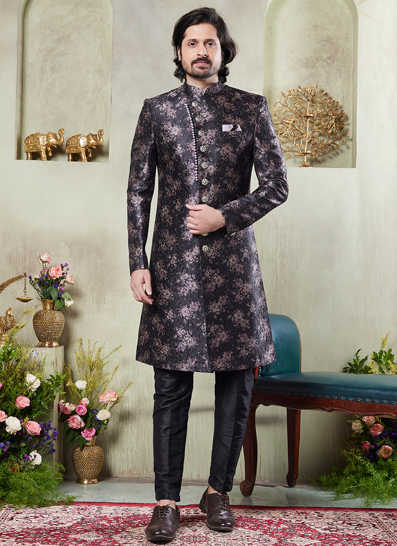 Art Silk Black Wedding Wear Print On Computer Thread Work Readymade Sherwani
