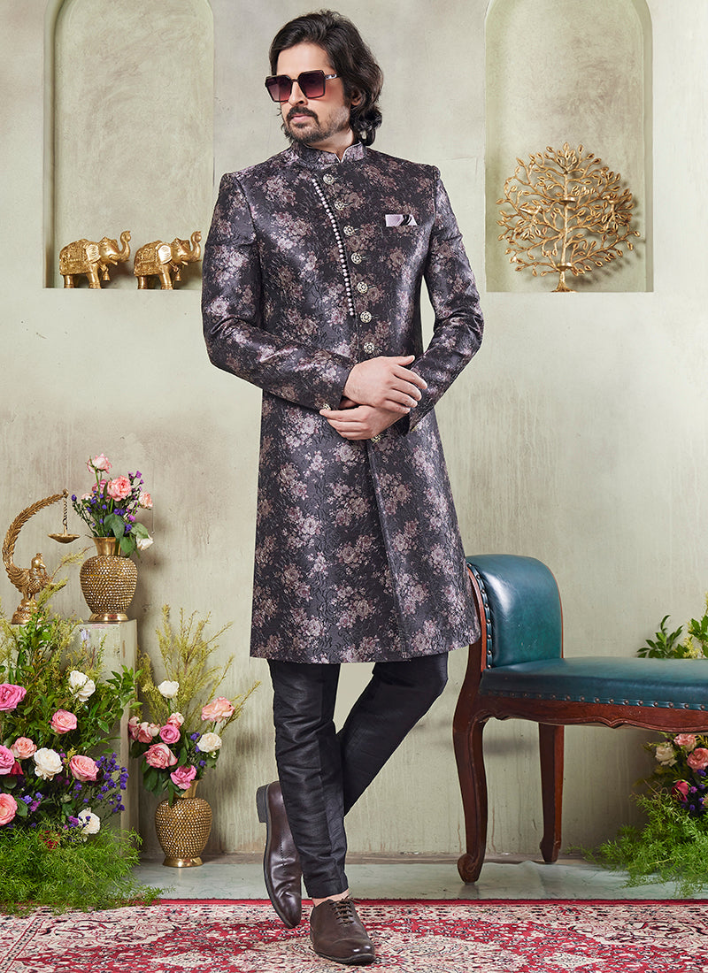 Art Silk Black Wedding Wear Print On Computer Thread Work Readymade Sherwani