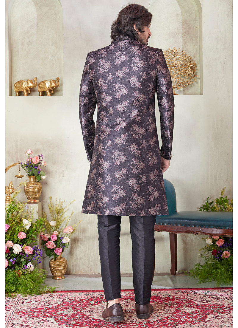 Art Silk Black Wedding Wear Print On Computer Thread Work Readymade Sherwani