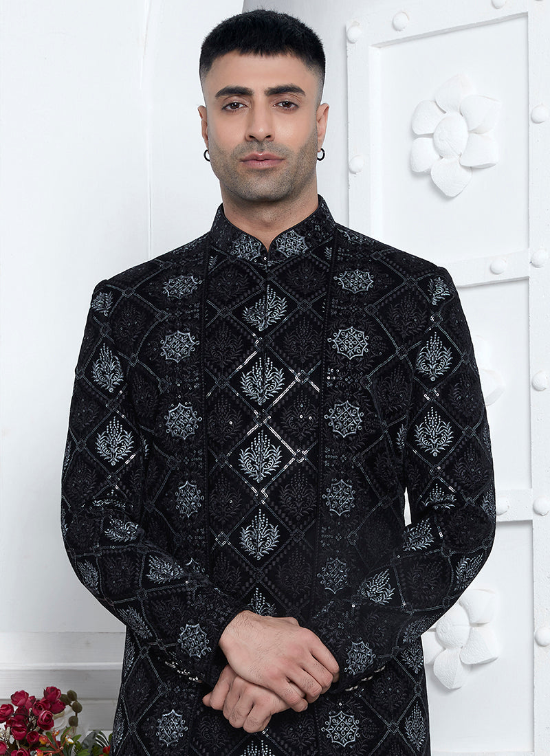 Art Silk Black Wedding Wear Pattern Pc Readymade Sherwani