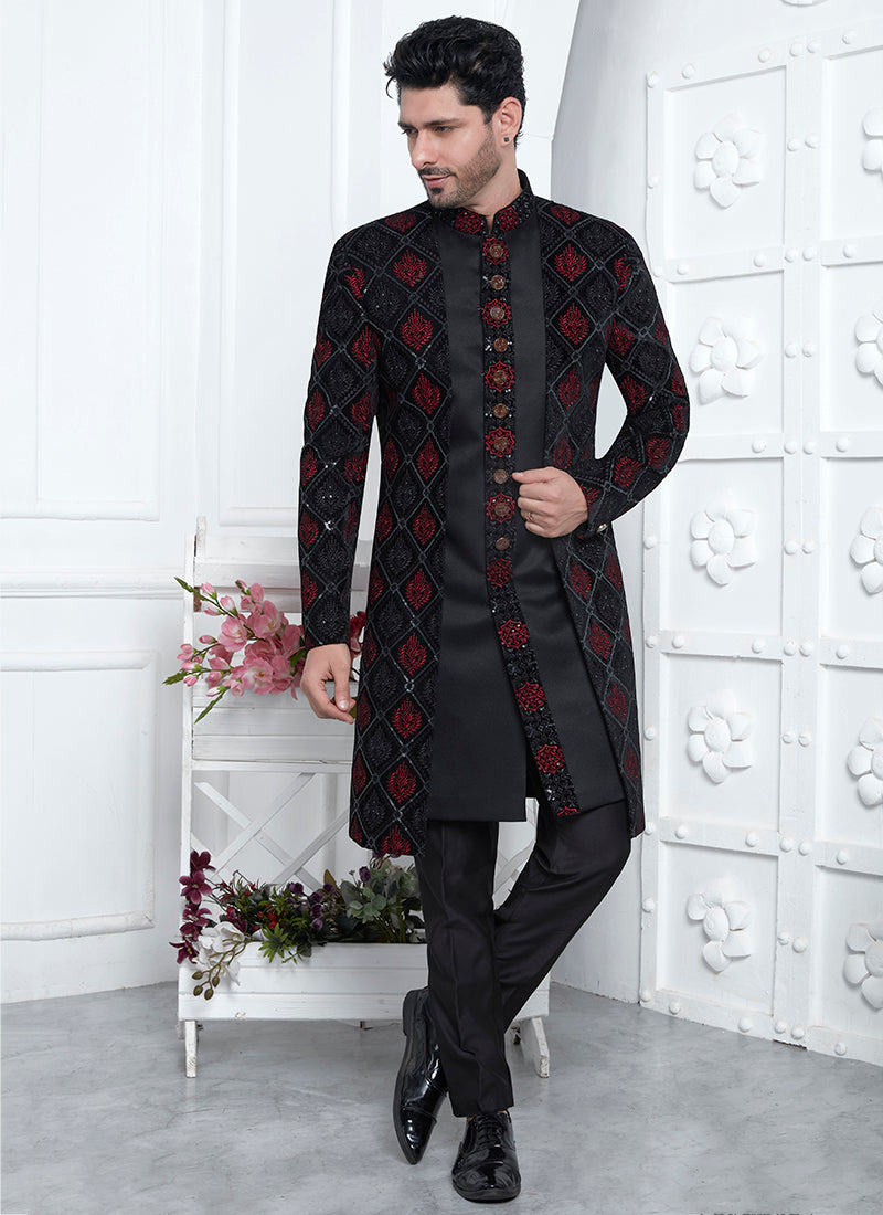 Art Silk Black Wedding Wear Pattern Pc Readymade Sherwani
