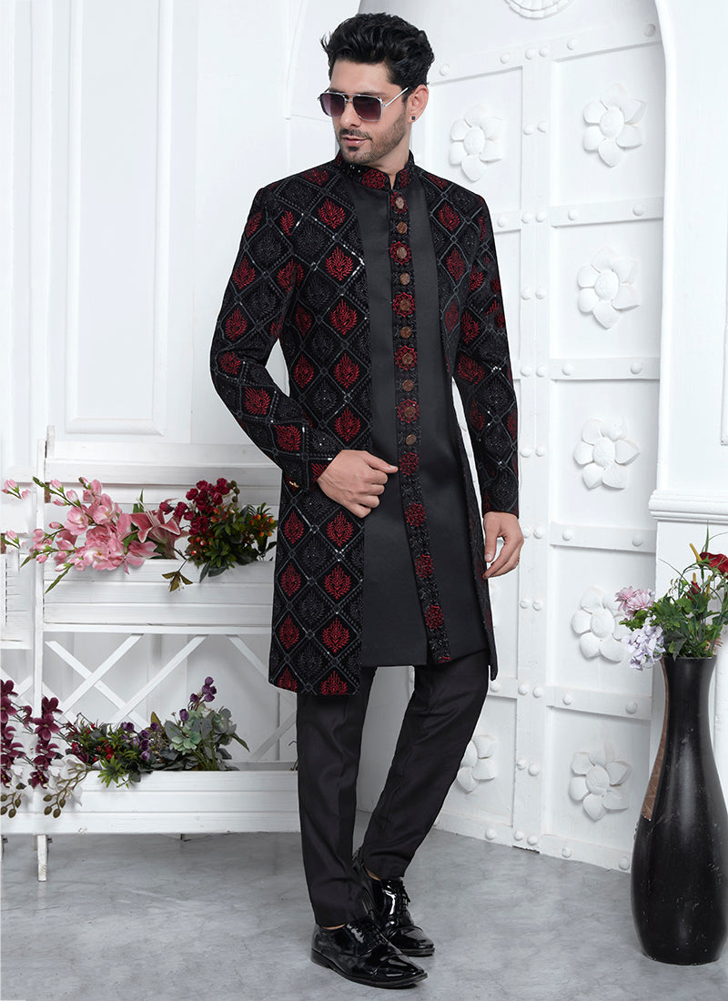 Art Silk Black Wedding Wear Pattern Pc Readymade Sherwani