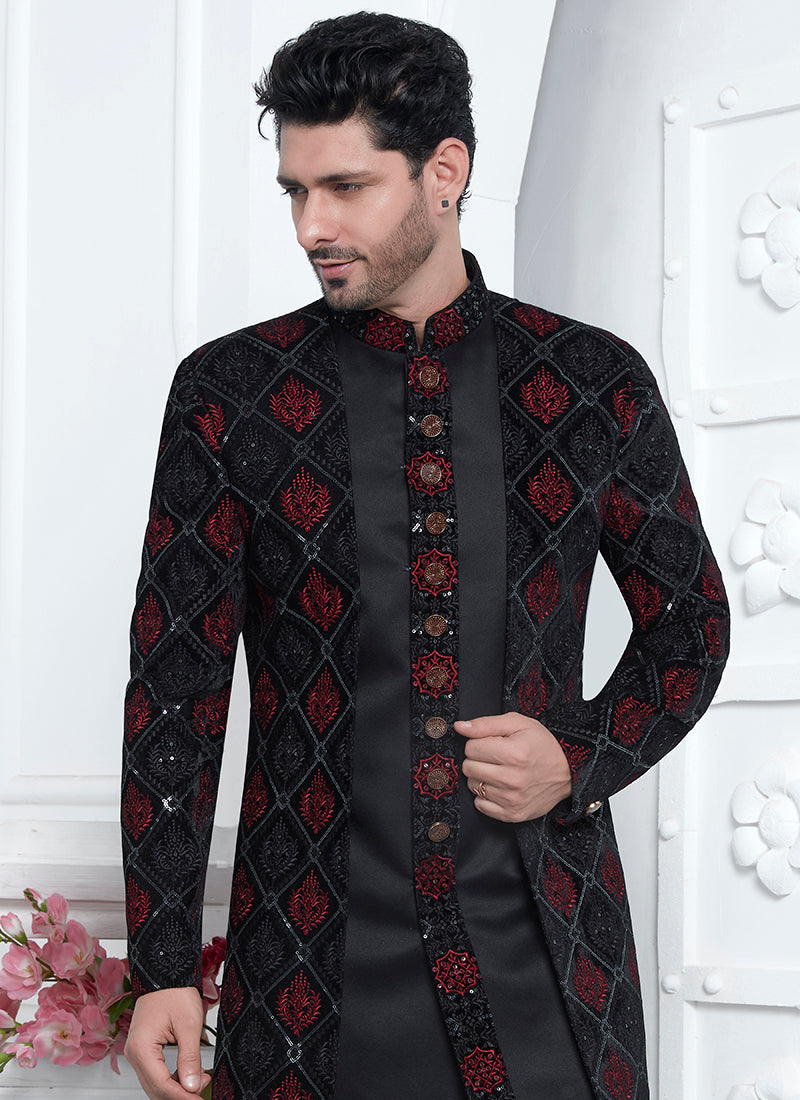 Art Silk Black Wedding Wear Pattern Pc Readymade Sherwani