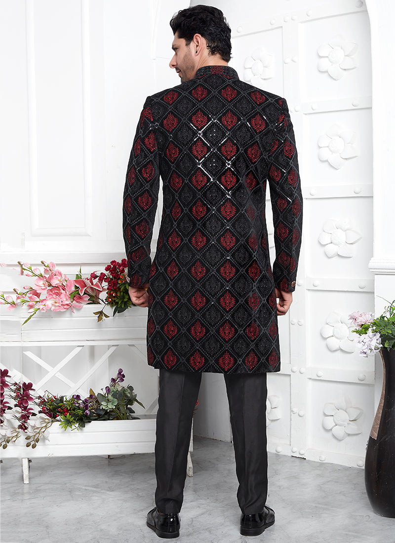 Art Silk Black Wedding Wear Pattern Pc Readymade Sherwani