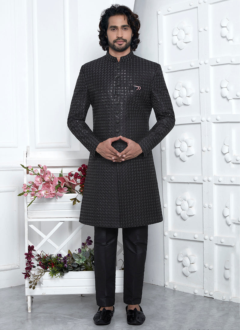 Art Silk Black Wedding Wear Pattern Pc Readymade Sherwani