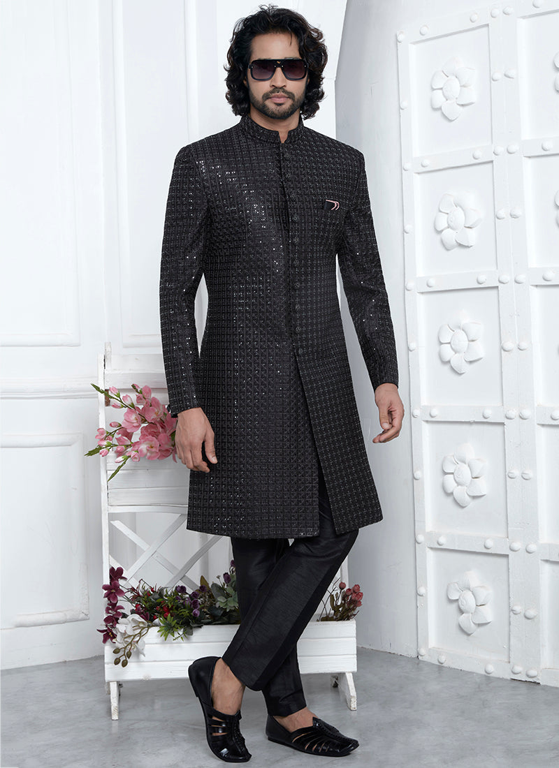 Art Silk Black Wedding Wear Pattern Pc Readymade Sherwani