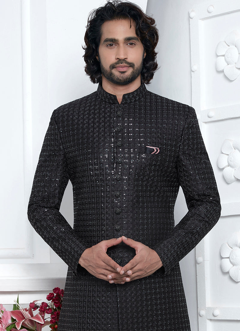Art Silk Black Wedding Wear Pattern Pc Readymade Sherwani
