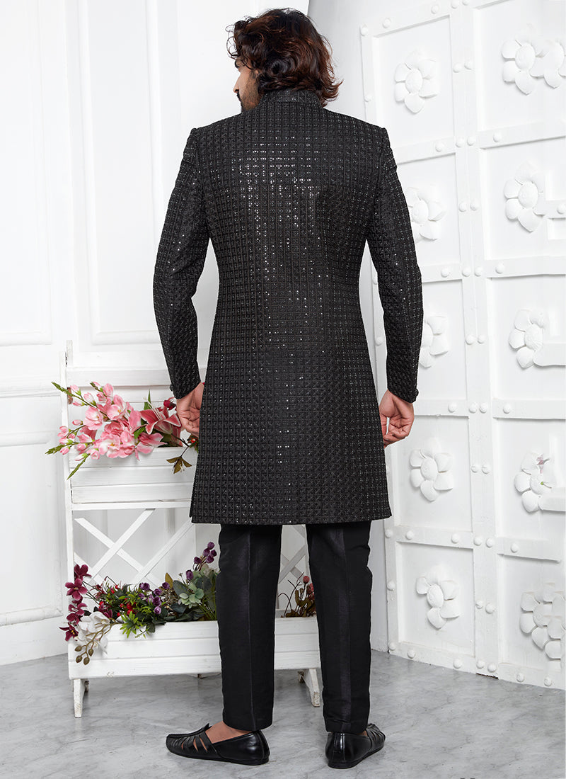Art Silk Black Wedding Wear Pattern Pc Readymade Sherwani