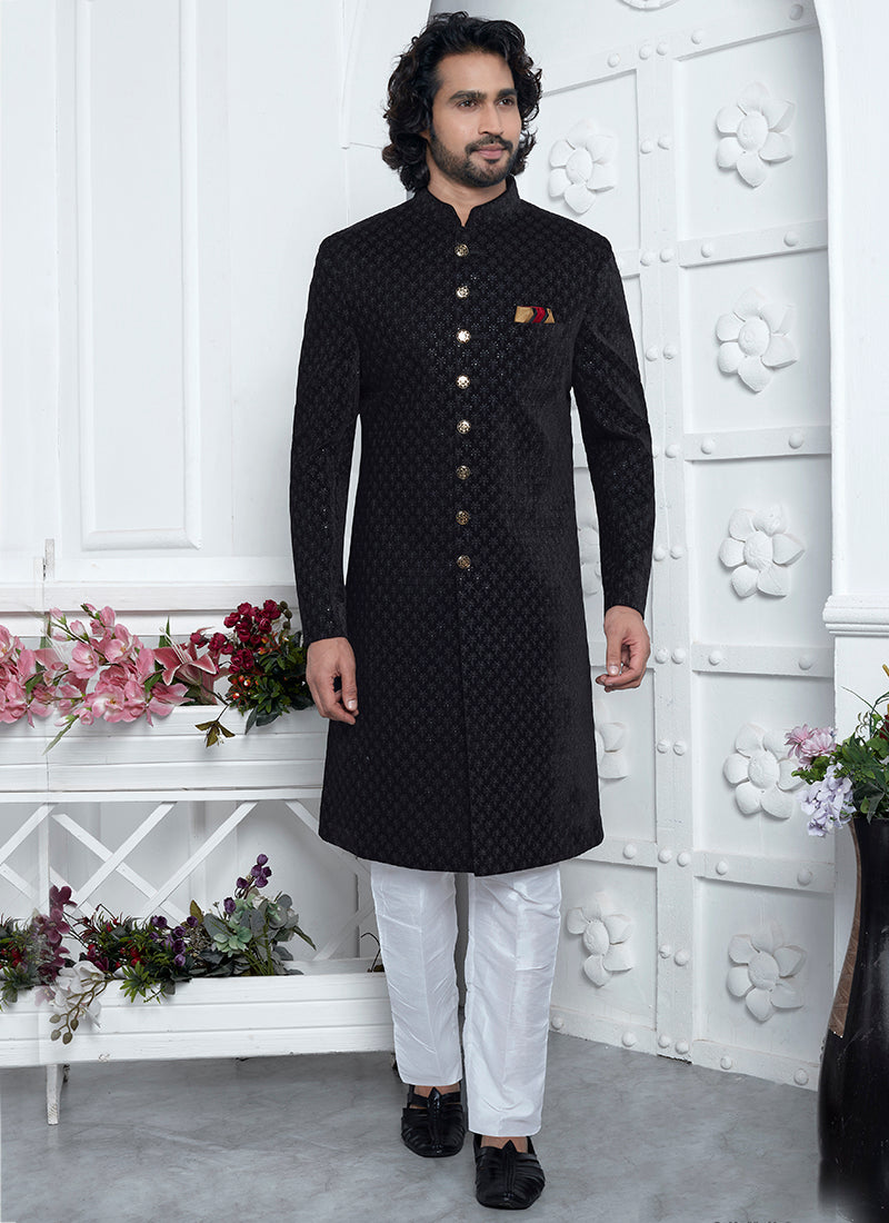 Art Silk Black Wedding Wear Pattern Pc Readymade Sherwani