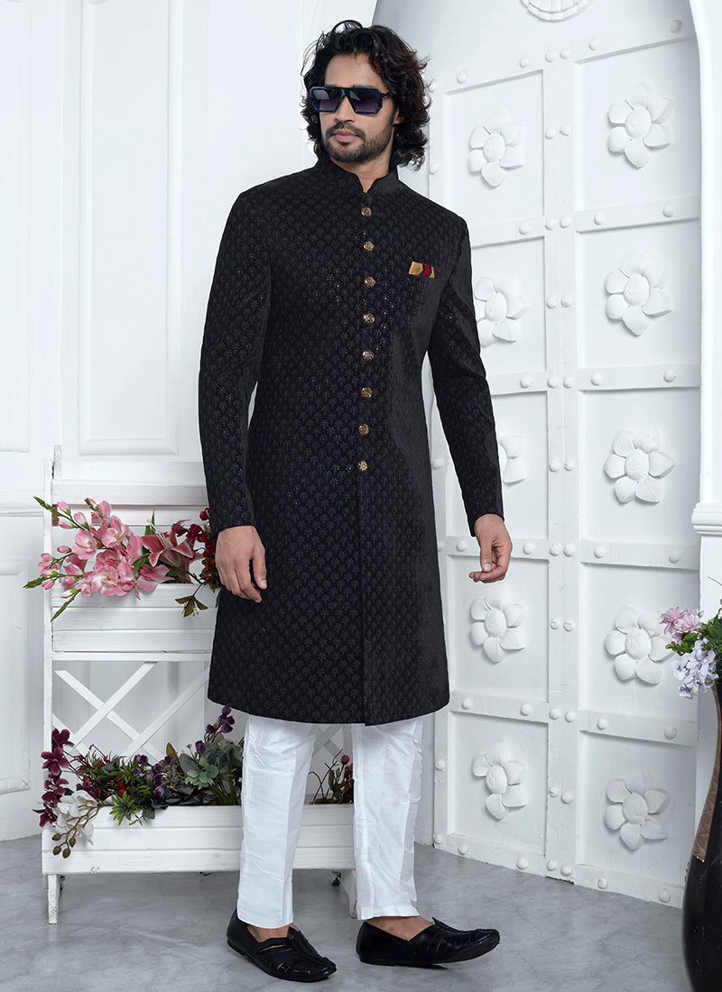 Art Silk Black Wedding Wear Pattern Pc Readymade Sherwani