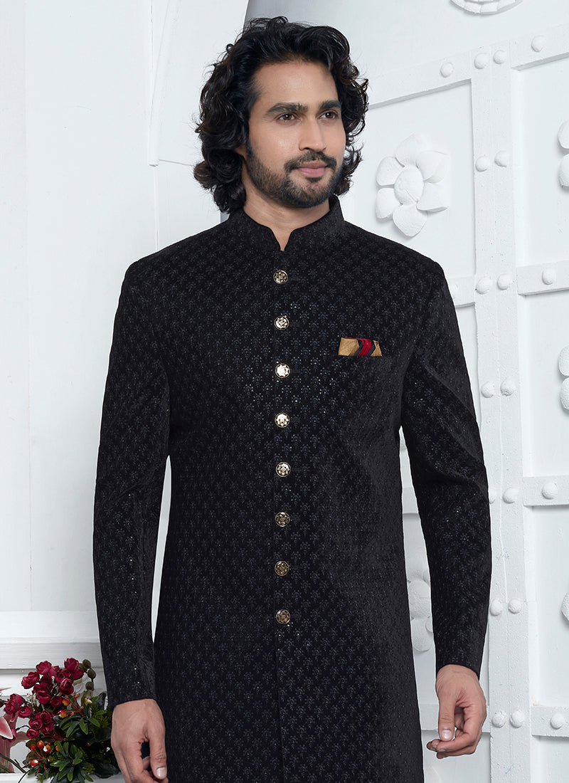 Art Silk Black Wedding Wear Pattern Pc Readymade Sherwani