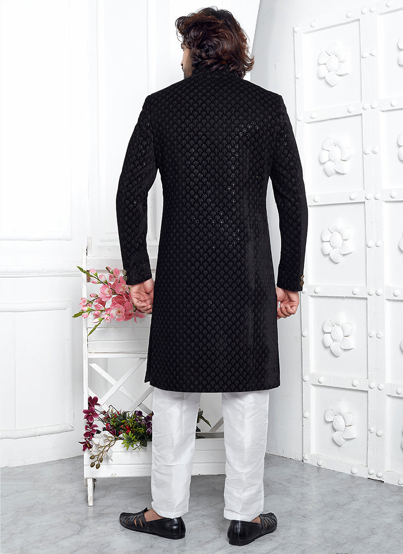Art Silk Black Wedding Wear Pattern Pc Readymade Sherwani