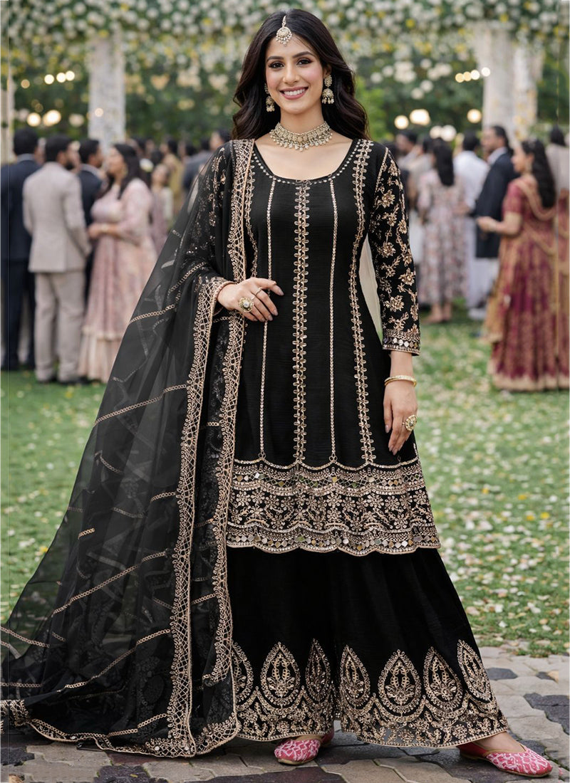 Black Chinon Embroidery Work Eid Wear Readymade Plazzo Suit SW742541