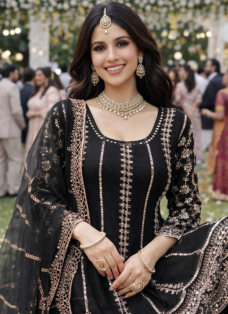Black Chinon Embroidery Work Eid Wear Readymade Plazzo Suit SW742541