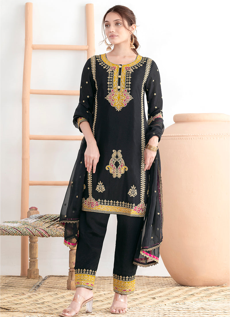 Black Chinon Embroidery Work Party Wear Readymade Salwar Suit SW517627