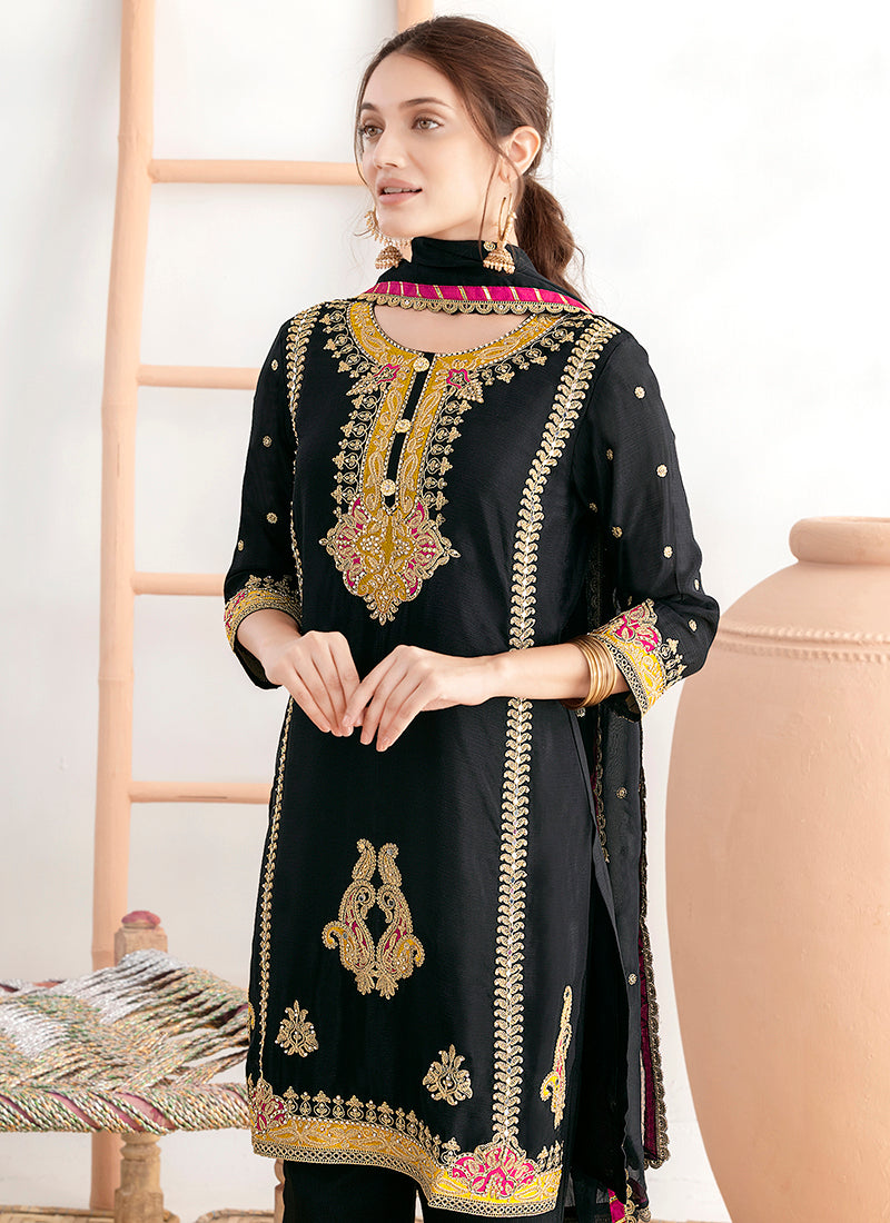 Black Chinon Embroidery Work Party Wear Readymade Salwar Suit SW517627