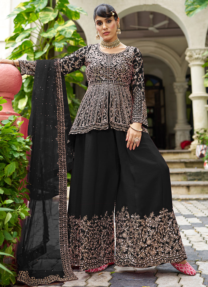 Black Chinon Mirror Work Party Wear Readymade Plazzo Suit SW415030