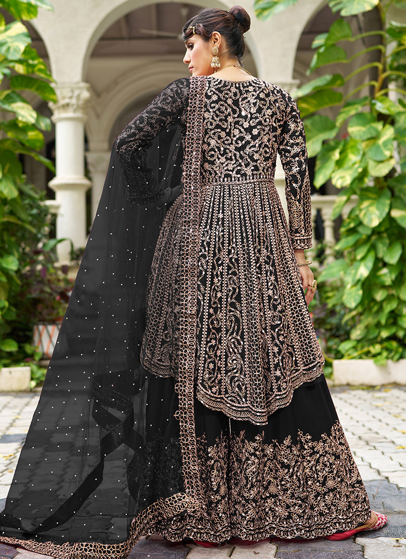 Black Chinon Mirror Work Party Wear Readymade Plazzo Suit SW415030