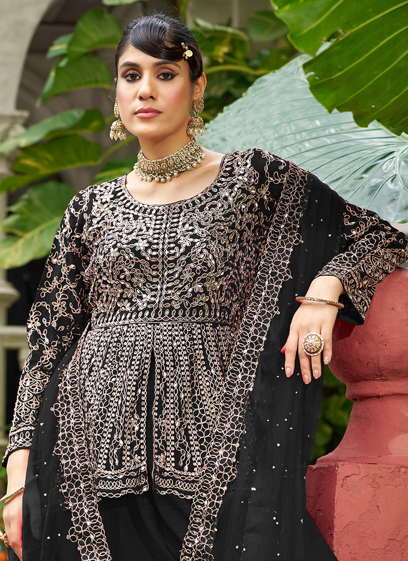 Black Chinon Mirror Work Party Wear Readymade Plazzo Suit SW415030