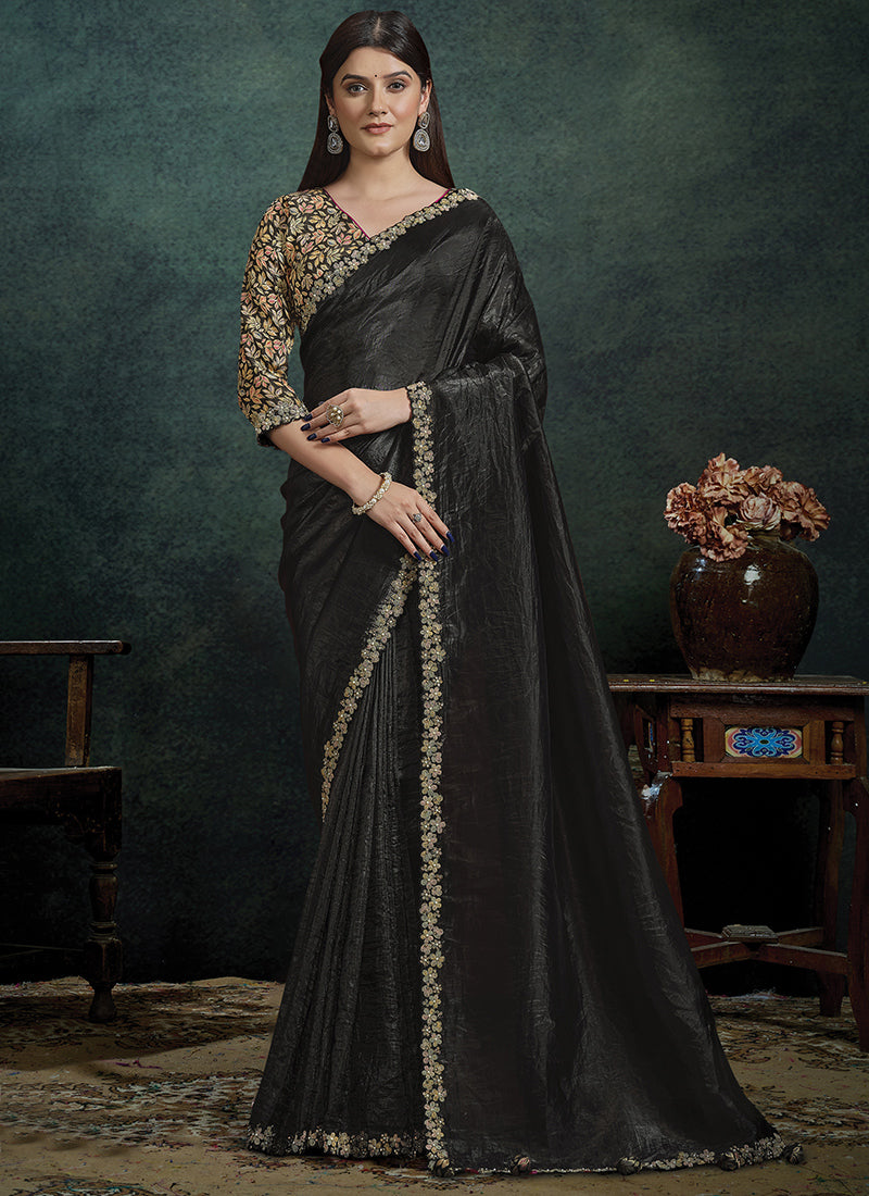 Crush Paper Silk Black Party Wear Handwork Parties Saree 389026