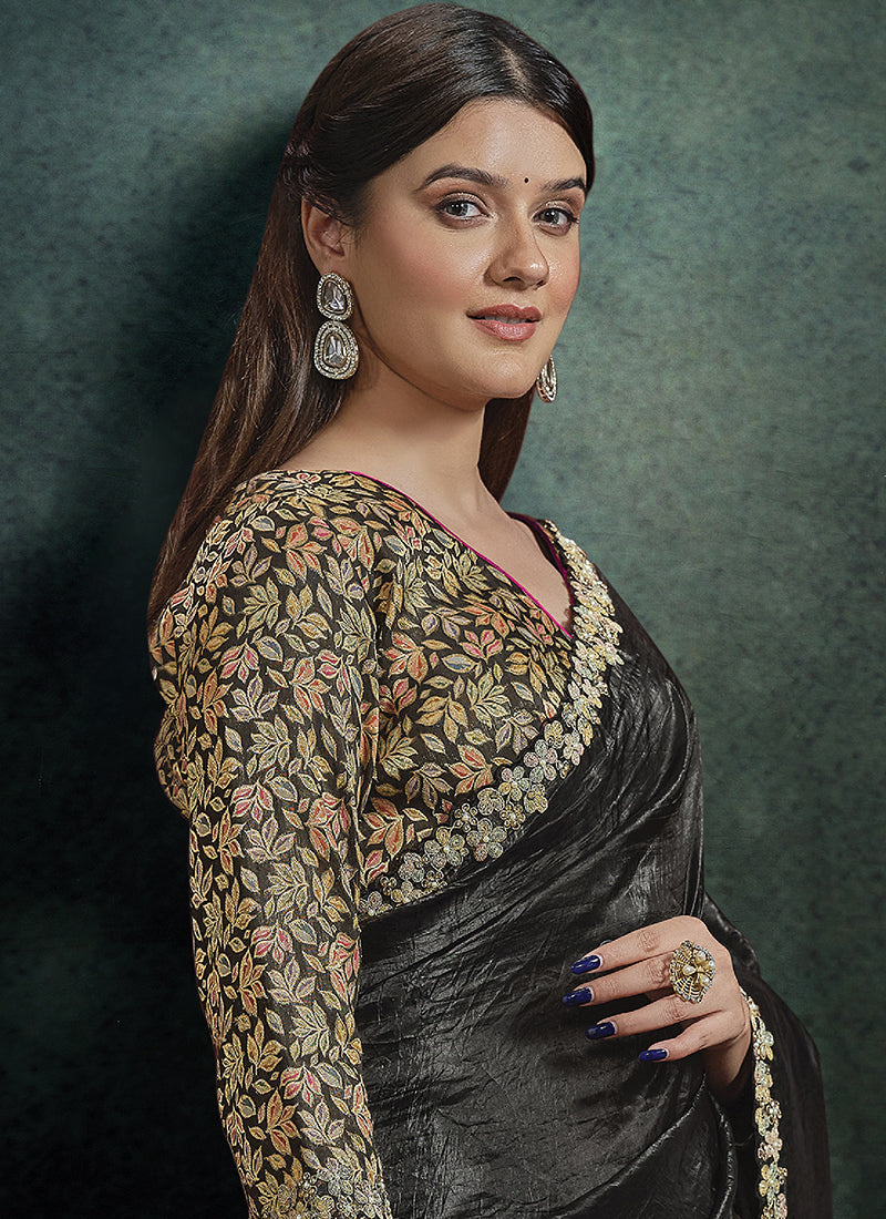 Crush Paper Silk Black Party Wear Handwork Parties Saree 389026