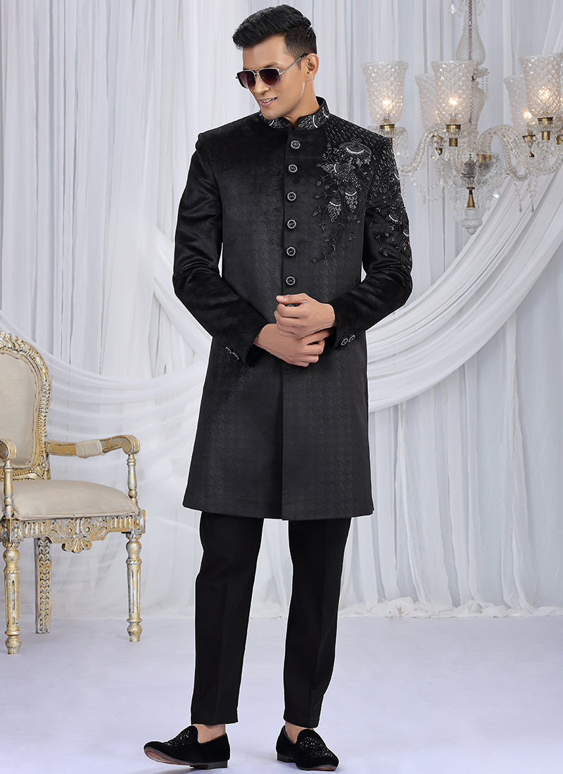 Embosed Velvet Black Wedding Wear Embroidery Work Readymade Sherwani