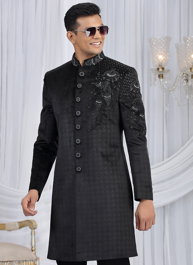 Embosed Velvet Black Wedding Wear Embroidery Work Readymade Sherwani