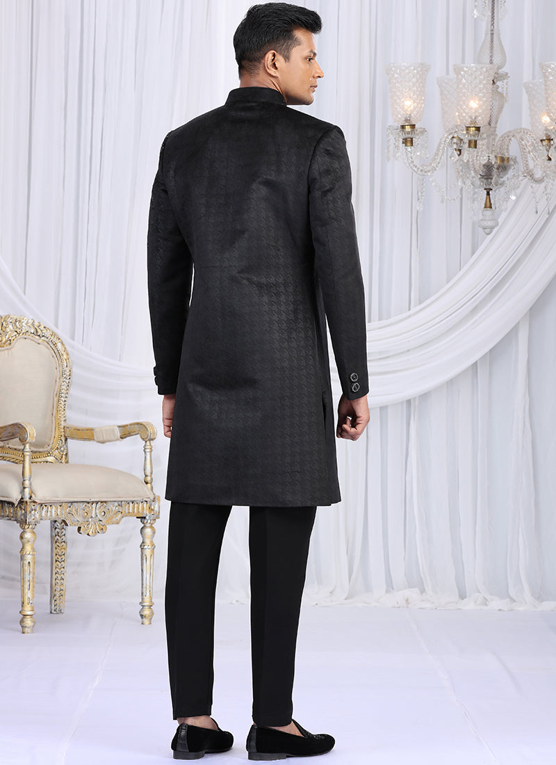Embosed Velvet Black Wedding Wear Embroidery Work Readymade Sherwani