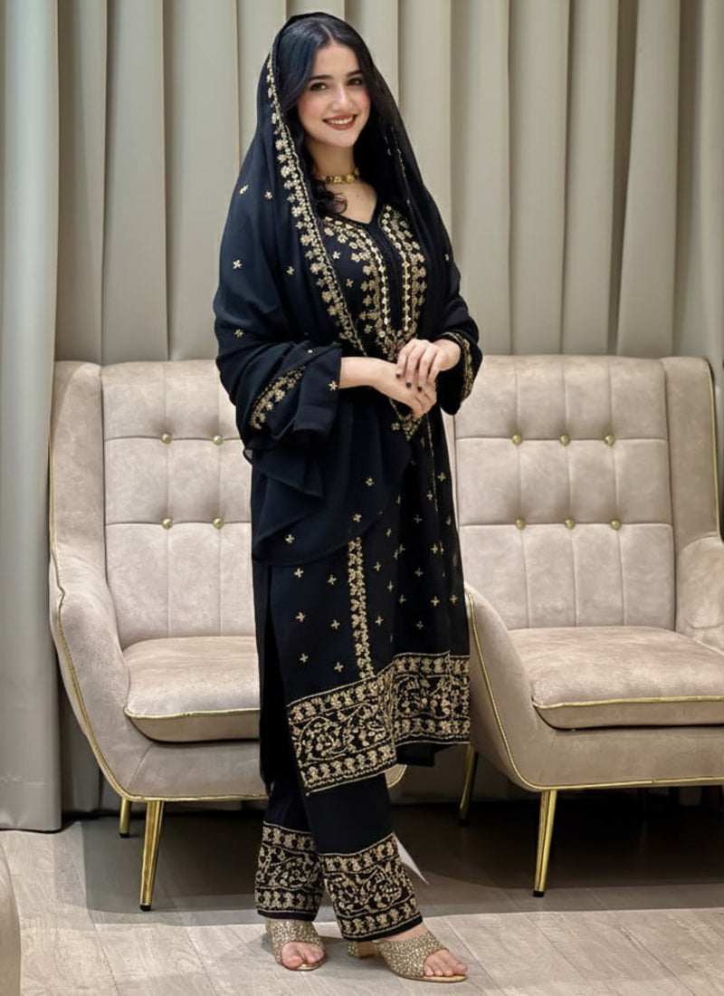 Faux Georgette Black Eid Wear Embroidery Work Readymade Pakistani Suit