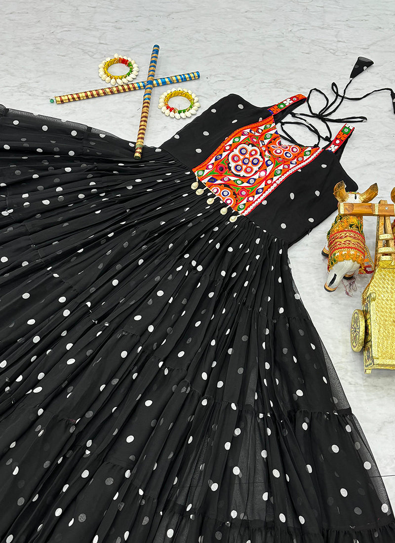 Faux Georgette Black Navratri Wear Bhandhani Print Readymade Gown