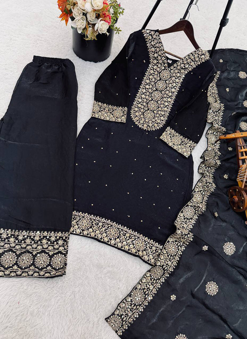 Black Fendy Silk Embroidery Work Occasional Wear Readymade Plazzo Suit SW424945