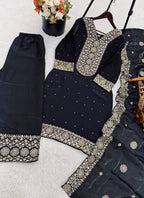 Black Fendy Silk Embroidery Work Occasional Wear Readymade Plazzo Suit SW424945
