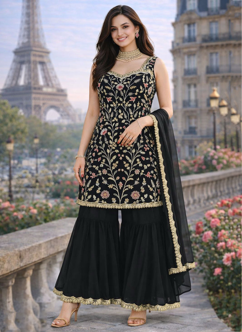 Black Georgette Embroidery Work Festival Wear Readymade Sharara Suit SW582363