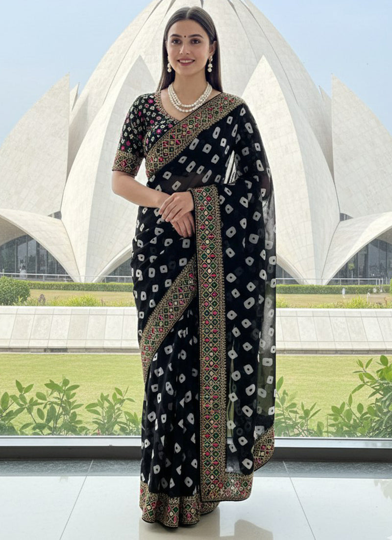 Georgette Black Festival Wear Printed Work Saree