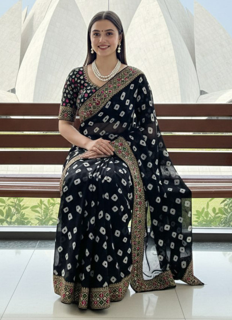 Georgette Black Festival Wear Printed Work Saree