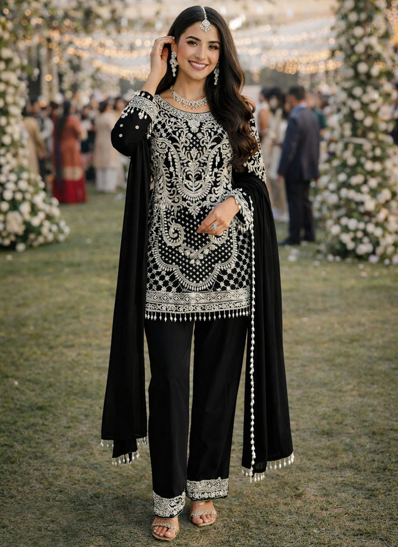 Black Georgette Beads Work Occasional Wear Readymade Plazzo Suit SW972637
