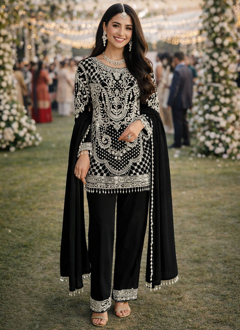 Black Georgette Beads Work Occasional Wear Readymade Plazzo Suit SW972637