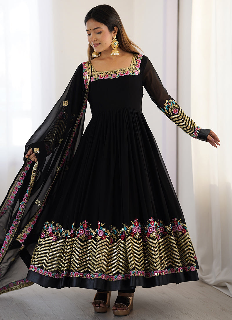 Georgette Black Wedding Wear Embroidery Work Readymade Anarkali Suit