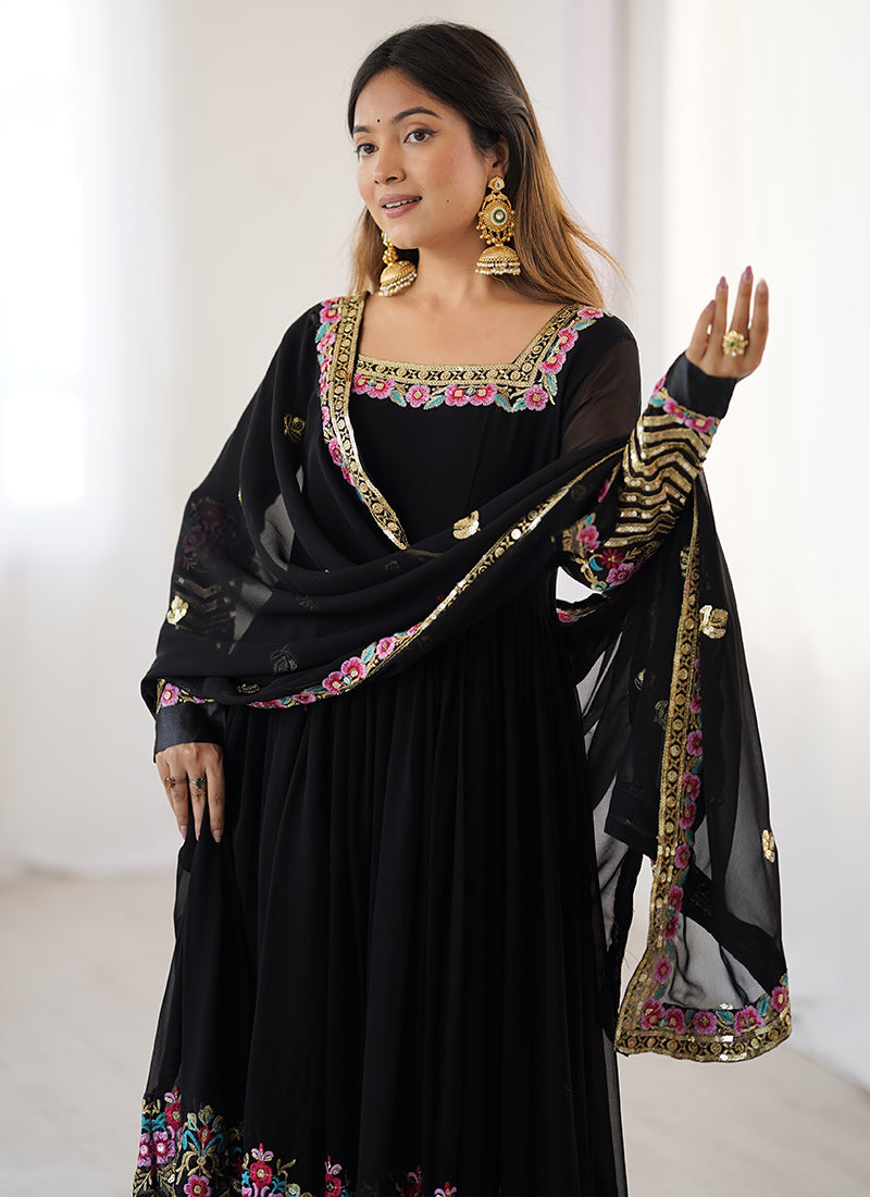 Georgette Black Wedding Wear Embroidery Work Readymade Anarkali Suit